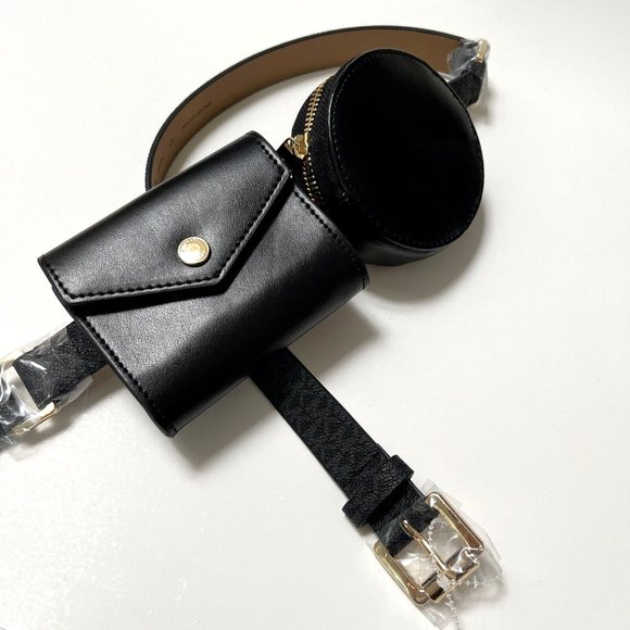 Michael Kors Double Pouch Belt Bag Black Leather MK Logo Waist Fanny Pack NWT - Picture 2 of 9